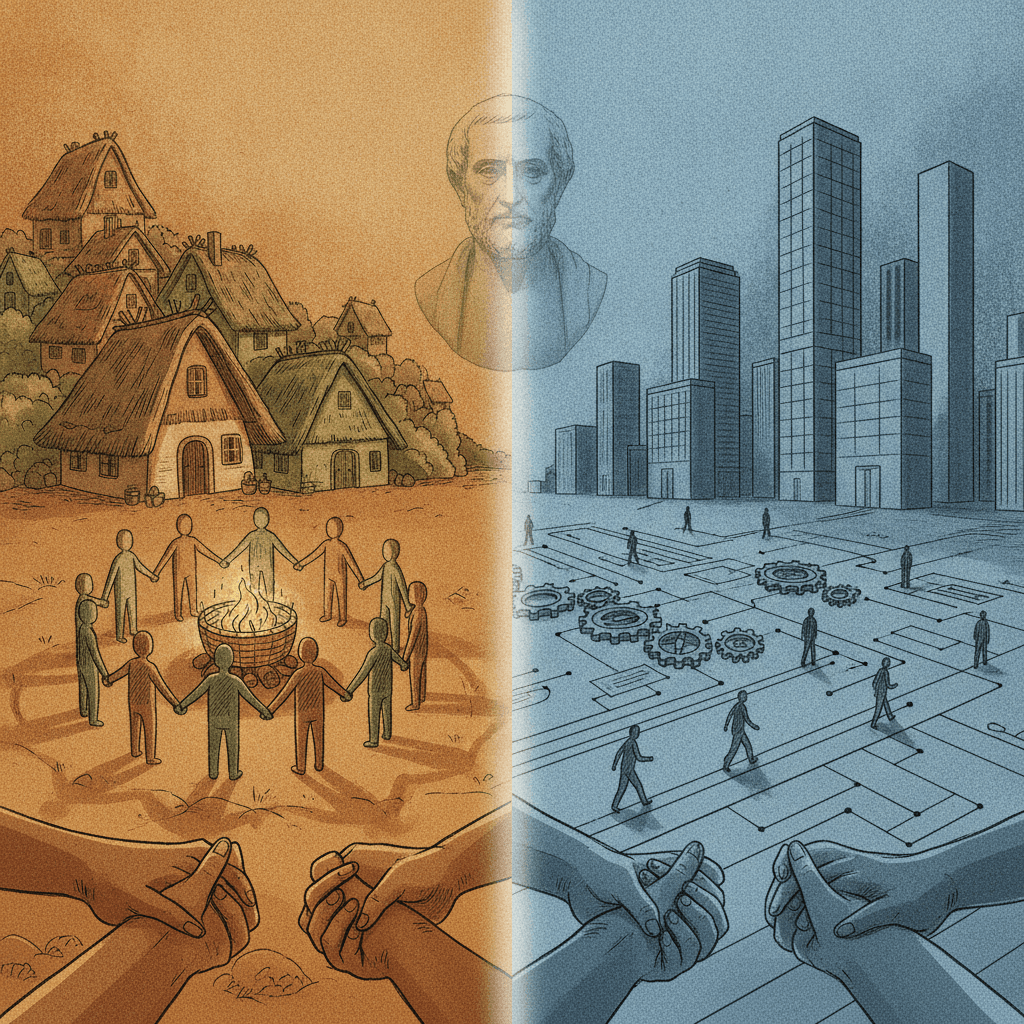 Ilustração editorial dividida: à esquerda comunidade íntima com casas e mãos unidas; à direita sociedade moderna com prédios, redes e engrenagens; busto de Tönnies ao centro.