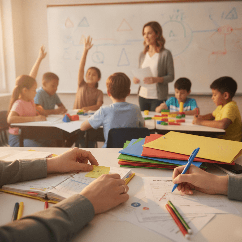 Professor organizando planejamento e avaliações em sala de aula, alunos engajados ao fundo.