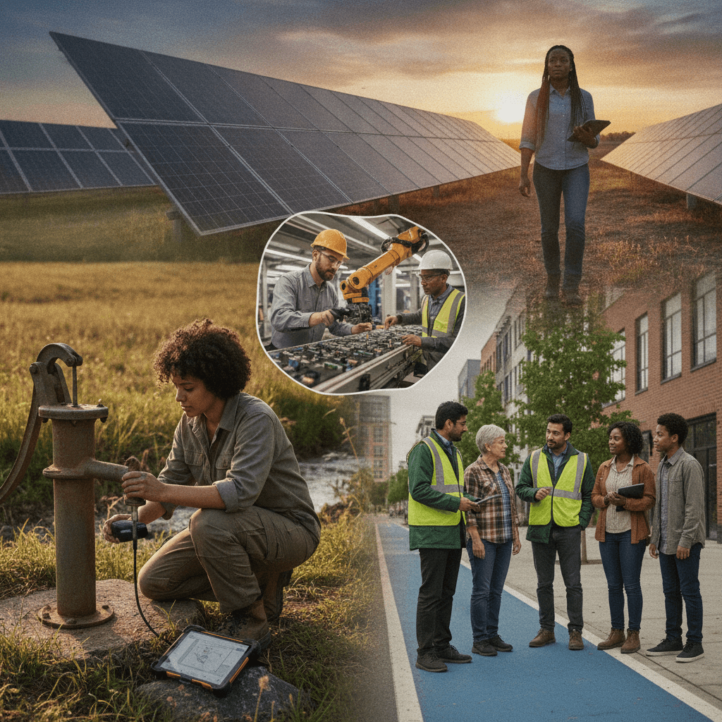 Engenheiros diversos atuando em campo: manutenção de bomba d'água, diálogo com comunidade, fiscalização de usina solar e inspeção industrial.