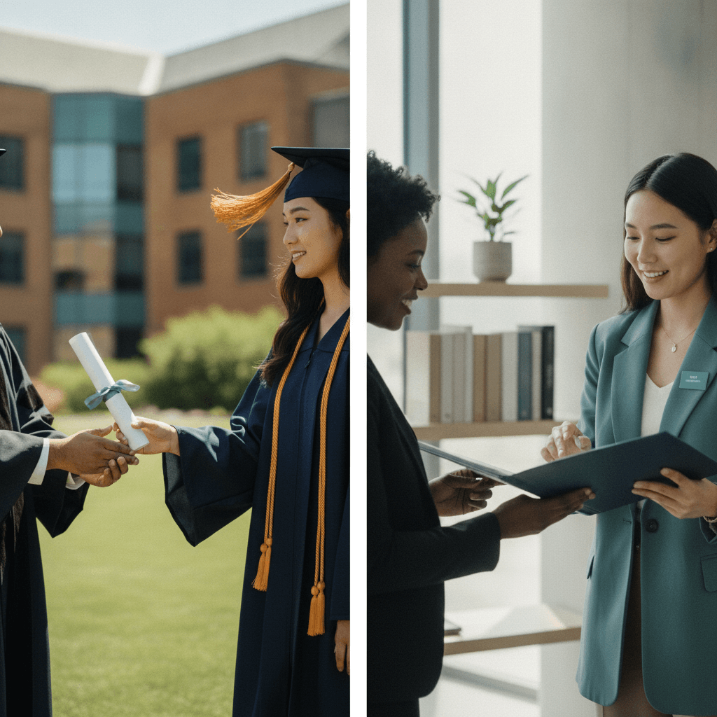 Diptych editorial: à esquerda formatura com diploma sendo entregue; à direita o mesmo graduado trocando portfólio com um recrutador em ambiente profissional.