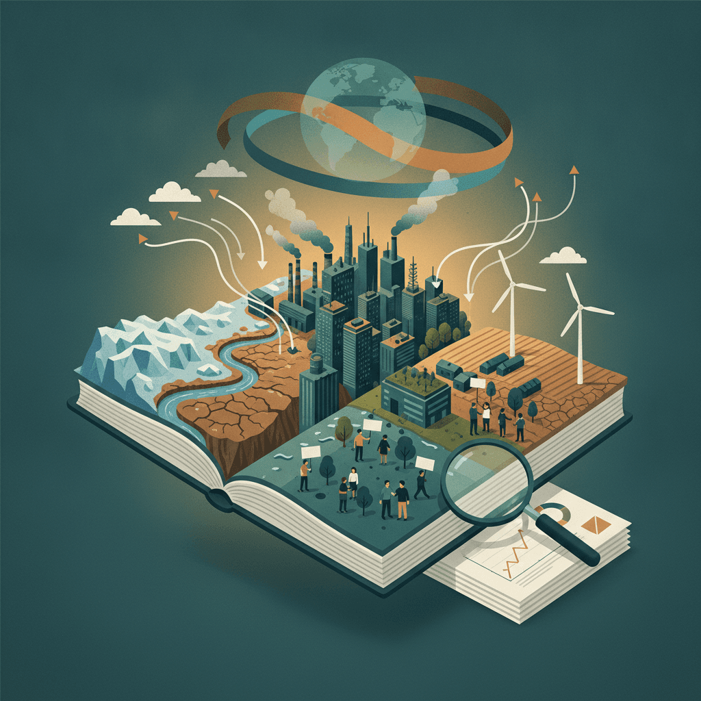 Ilustração editorial de um livro cujas páginas viram paisagens (geleira, cidade inundada, campos) com pessoas, placas sem texto e relatórios com gráficos sem letras.