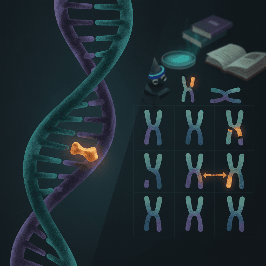 Ilustração editorial dividida: close-up de DNA com mutação pontual e cromossomos mostrando quebras e translocações.