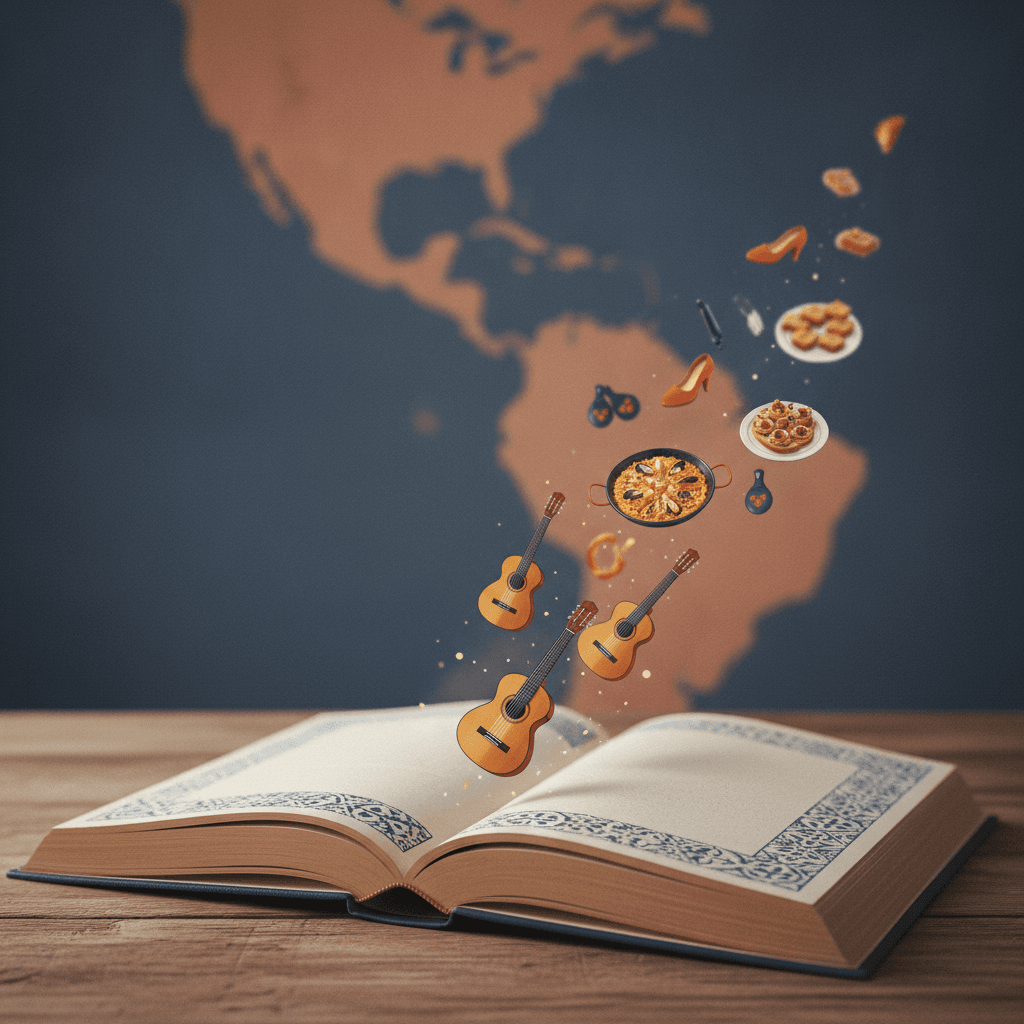 Ilustração editorial de um livro de gramática espanhol cujas páginas liberam vários ícones espanhóis sobre um mapa, simbolizando a formação do plural.