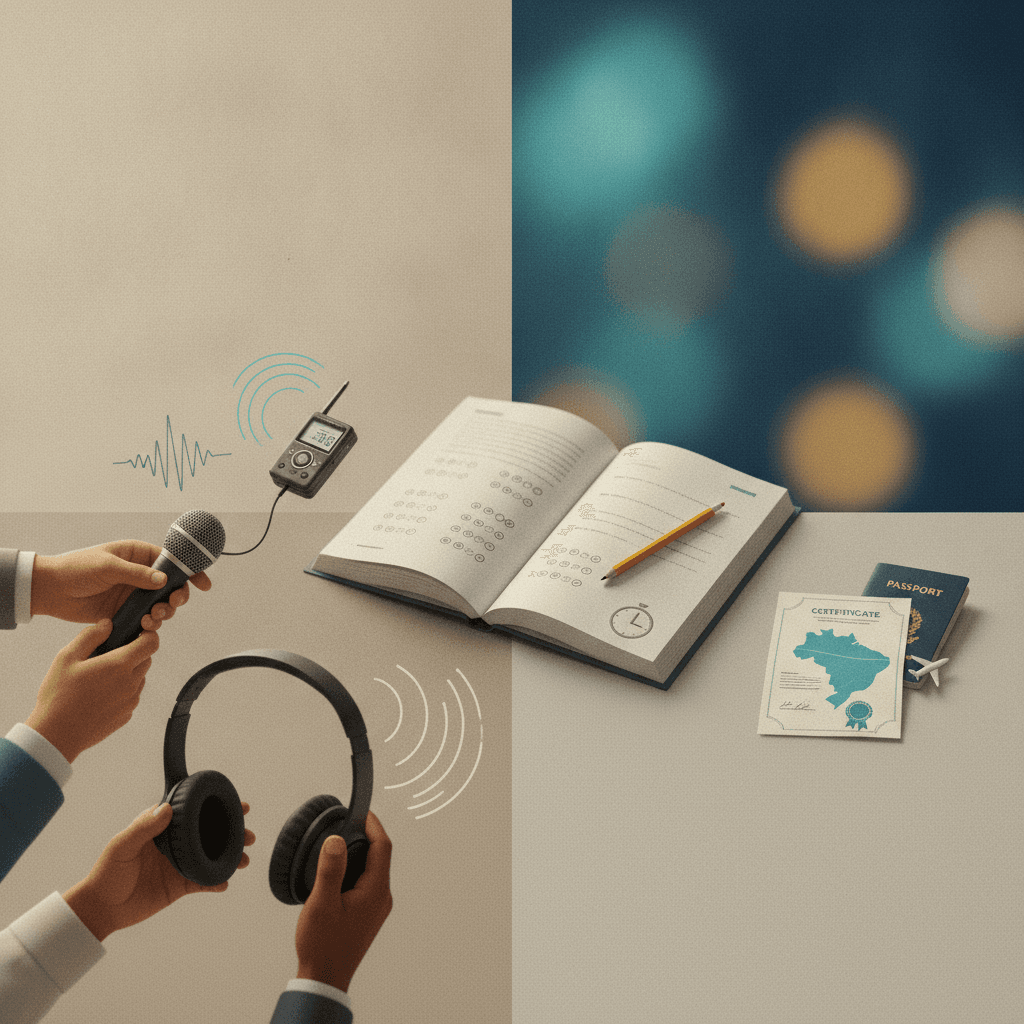 Ilustração editorial: mãos segurando microfone e fones, prova com marcações e certificado com mapa do Brasil e passaporte, representando o exame Celpe-Bras.