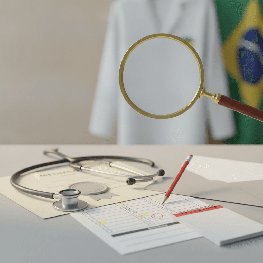 Ilustração editorial de mesa com diploma médico, estetoscópio, envelope de resultado e lupa sobre formulário, em tom calmo e orientador sobre o Revalida.