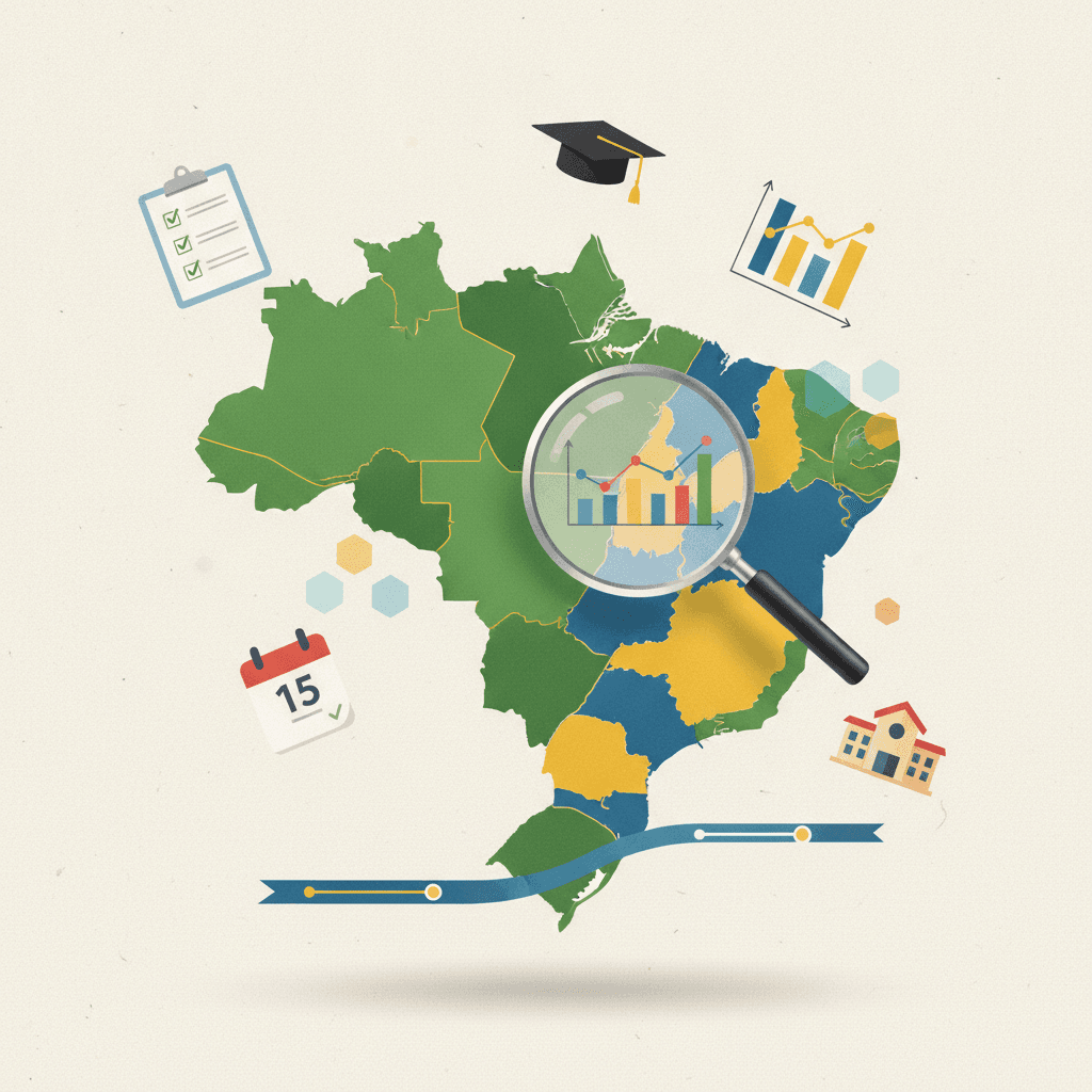 Ilustração editorial do mapa do Brasil com gráficos, checklist e lupa destacando o monitoramento das metas do PNE para uso como repertório de atualidades.