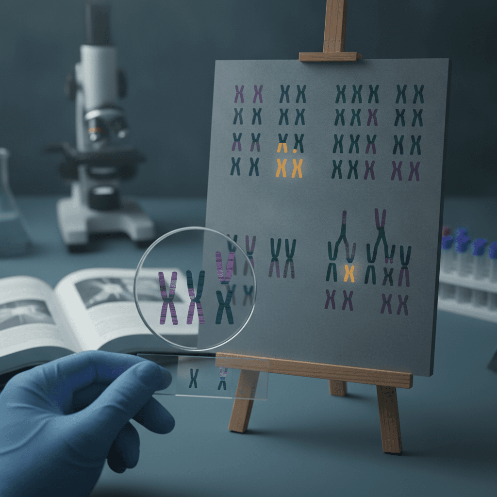 Ilustração editorial de karyotype: lâmina ao microscópio com cromossomos, destaque para trissomia e translocação, em ambiente de laboratório.