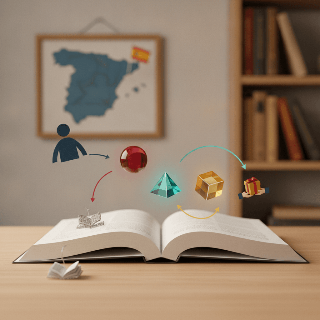 Ilustração editorial de livro de gramática espanhol com marcadores coloridos conectando silhueta de sujeito a objetos, mapa da Espanha ao fundo.