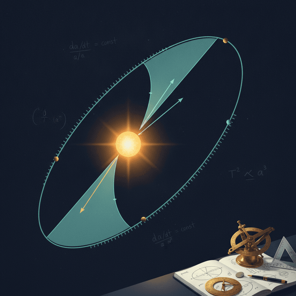 Ilustração editorial de uma órbita elíptica ao redor de uma estrela, com setores de área iguais, vetores de velocidade e fórmulas de Kepler ao fundo.