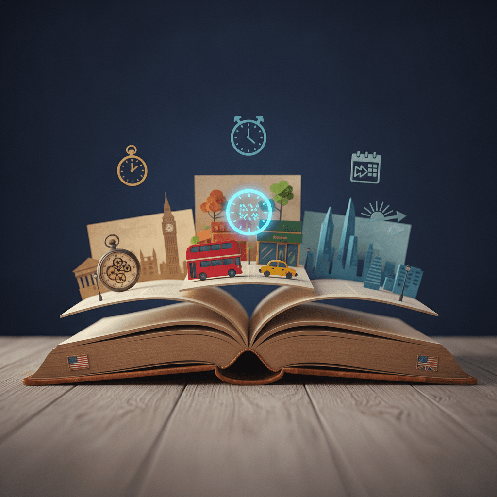 Livro aberto cujas páginas se transformam em três vinhetas representando passado, presente e futuro, com ícones temporais e silhuetas de Londres/Nova York.