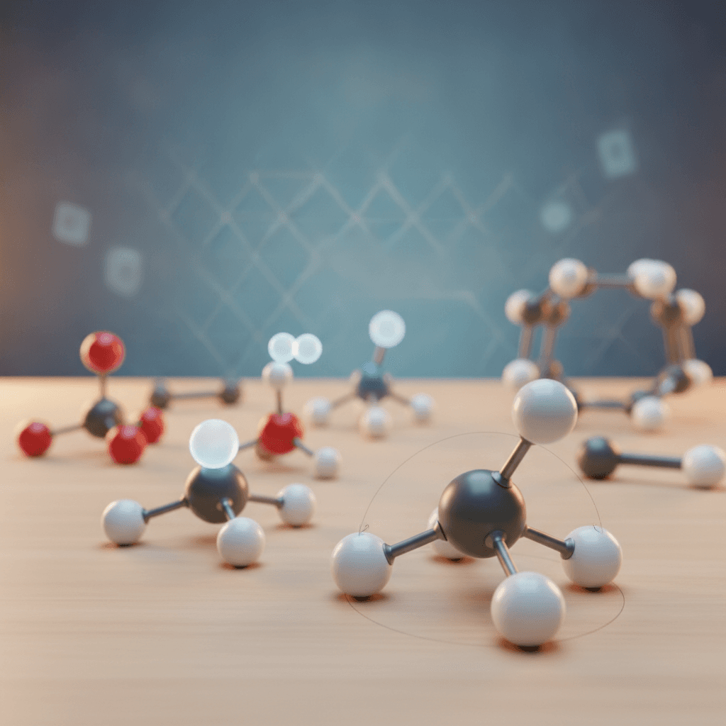 Ilustração editorial de modelos moleculares 3D mostrando formas VSEPR (linear, trigonal, tetraédrica, bipiramidal, octaédrica) com nuvens de pares eletrônicos.