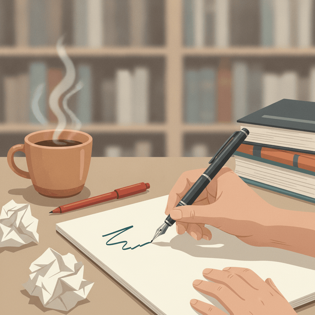 Close-up editorial de mãos escrevendo a primeira frase de uma redação, com rascunhos amassados e livros ao redor.