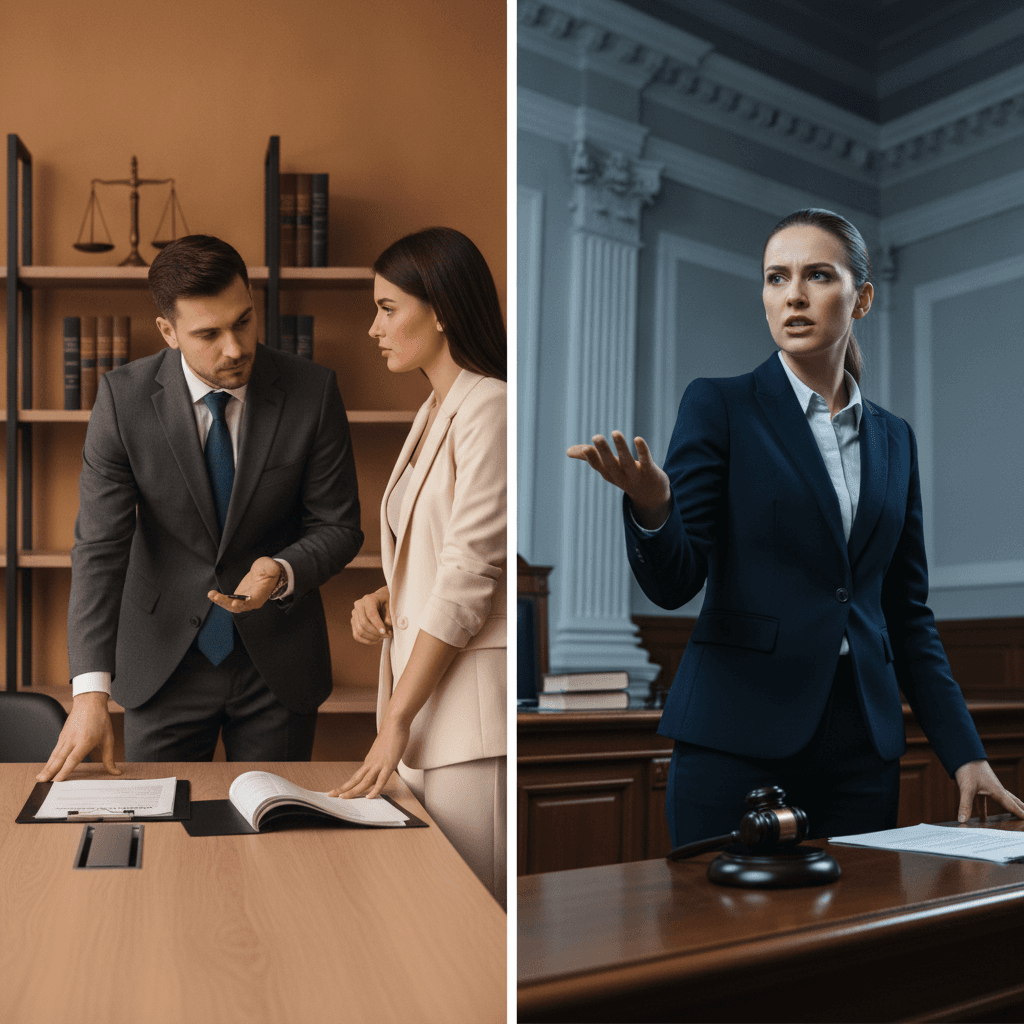 Contraste entre consultoria jurídica (advogado orientando em escritório) e contencioso (advogado em pé argumentando no tribunal).