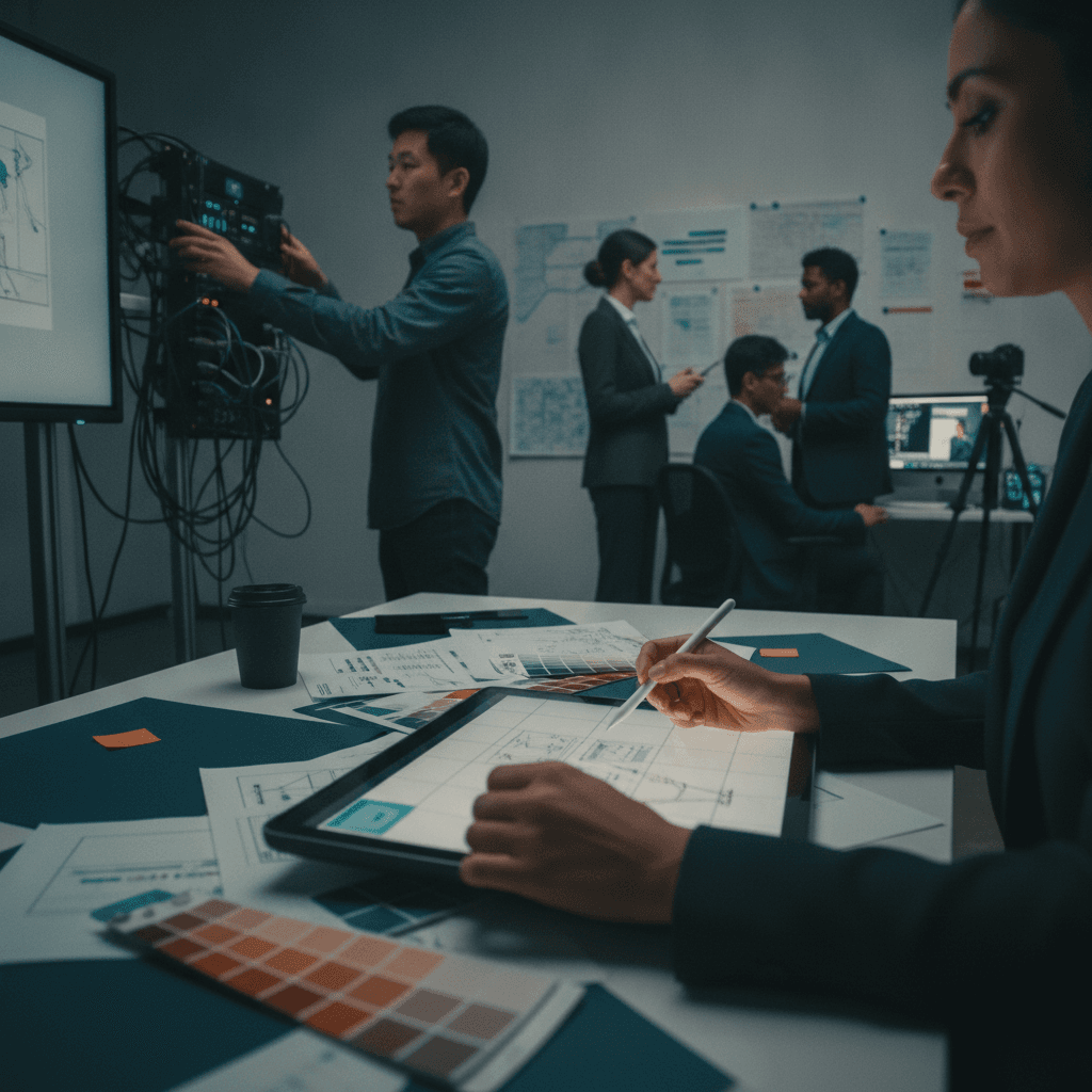 Profissionais da educação trabalhando nos bastidores: designer instrucional, tecnólogo e produtor de conteúdo em escritório moderno.
