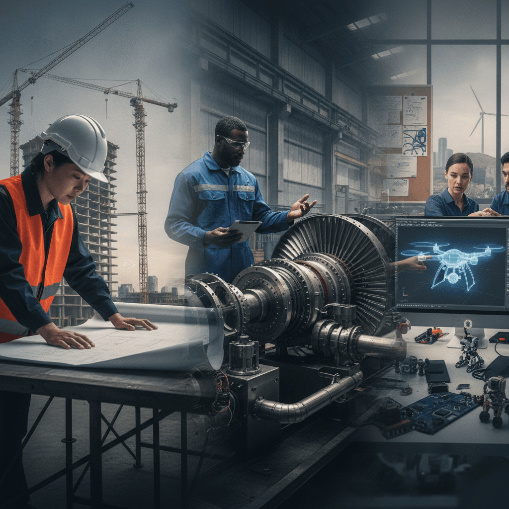 Panorama editorial de engenheiros diversos trabalhando em canteiro, indústria e estúdio de projeto, mostrando diferentes frentes da engenharia.