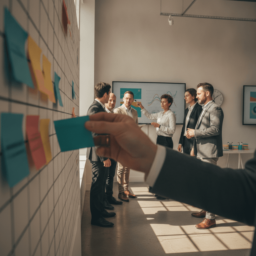 Gestor movendo um post‑it em um quadro Kanban enquanto equipe em pé discute métricas em um dashboard, em ambiente de escritório moderno.
