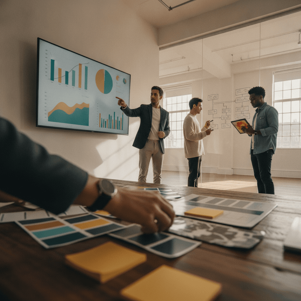 Equipe de marketing colaborando em estúdio moderno, com gráficos coloridos e moodboards sem textos.