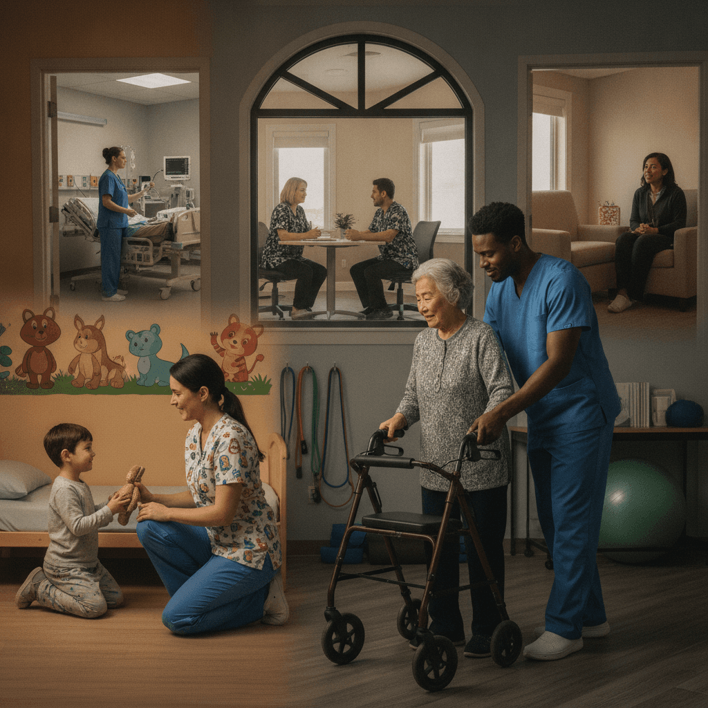 Profissionais de saúde em diferentes contextos de cuidado (pediatria, reabilitação, atenção domiciliar, UTI, terapia).