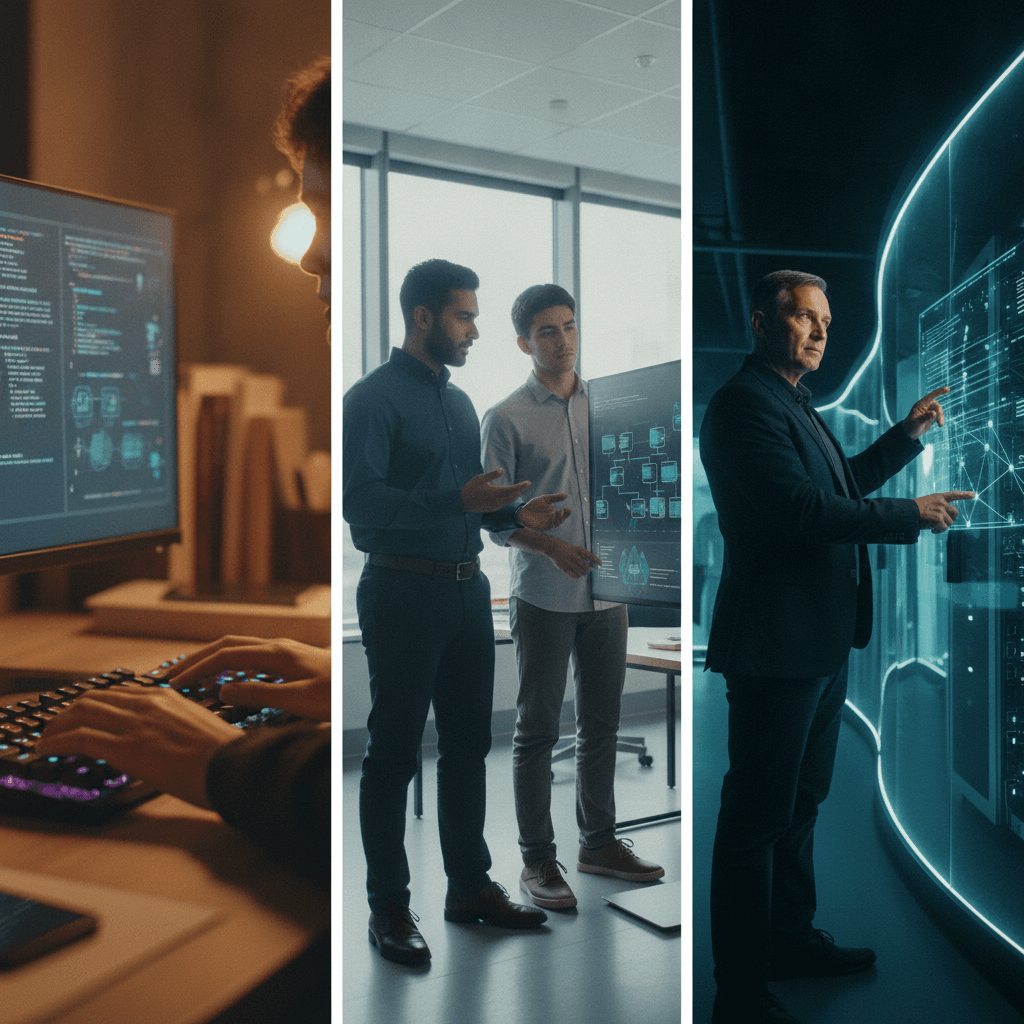 Montagem editorial mostrando evolução da carreira em tecnologia: mãos digitando código, equipe sendo orientada e especialista diante de visualização de rede e servidores.