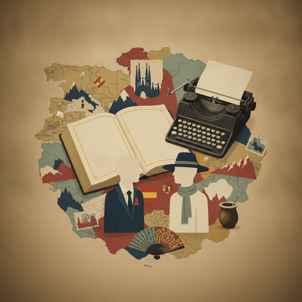 Ilustração editorial: livro de gramática em espanhol, mapa da Espanha e América Latina, silhuetas que representam tratamento formal e informal e elementos culturais como bandeiras e selos.