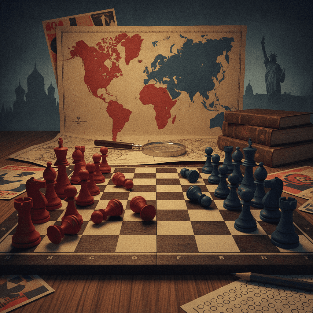 Ilustração editorial sobre a Guerra Fria: tabuleiro de xadrez com peões vermelhos e azuis, mapa dividido, cartazes de propaganda rasgados, lupa e livros.