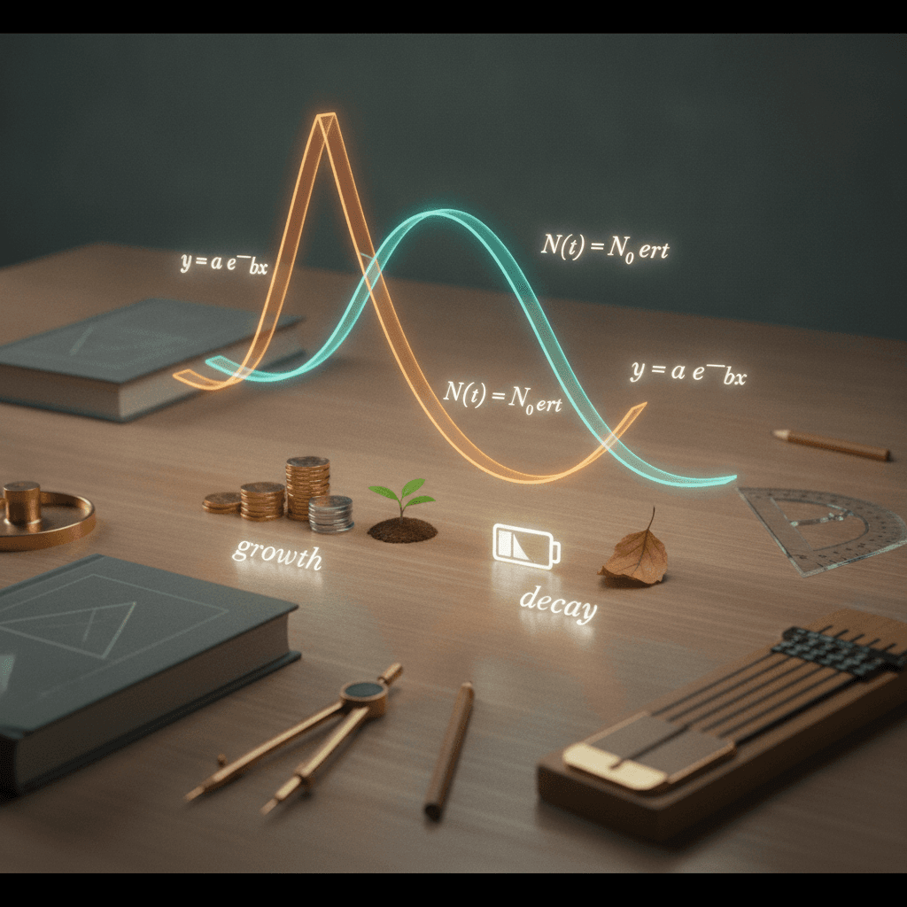 Ilustração editorial de curvas exponenciais crescente e decrescente em gráfico 3D com pilhas de moedas, planta, fórmulas exponenciais e objetos matemáticos.