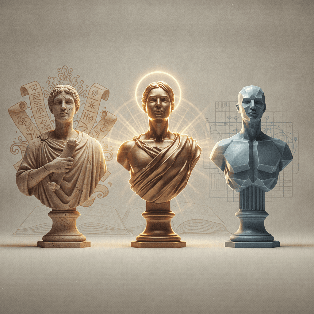 Ilustração editorial com três estátuas estilizadas representando as dominações tradicional, carismática e legal‑racional de Weber, com cores distintas e iluminação cinematográfica.