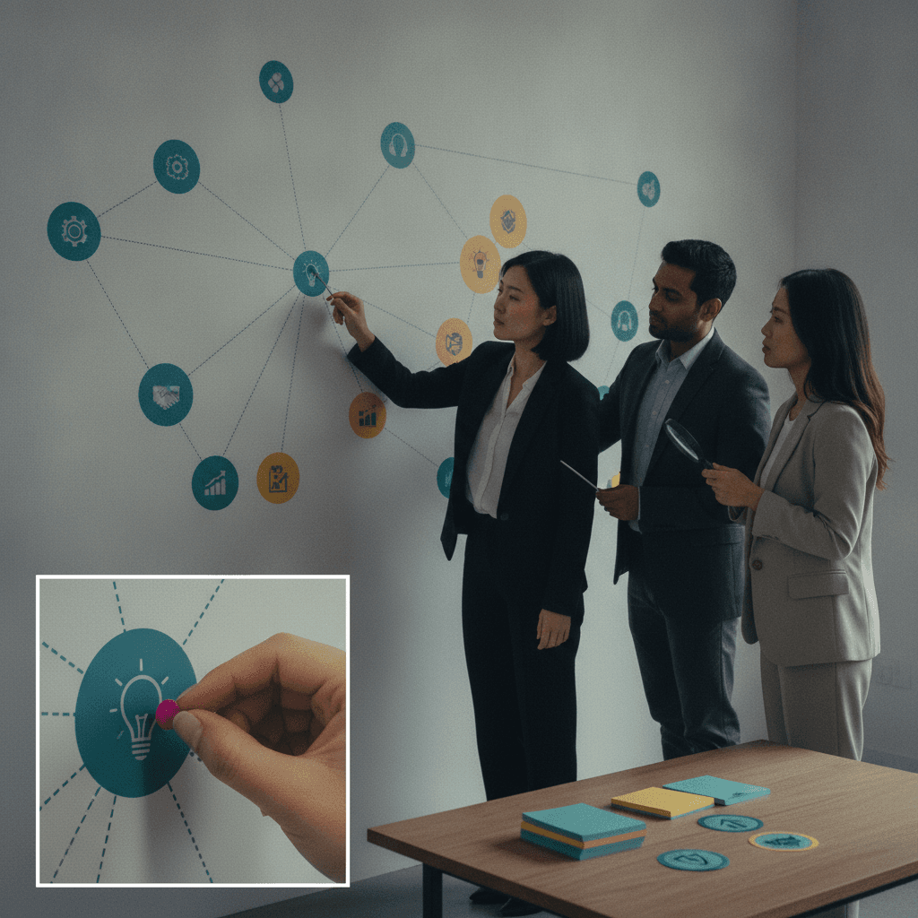 Profissionais em pé analisando um grande mapa de habilidades na parede, colocando pins coloridos para identificar lacunas de competências.