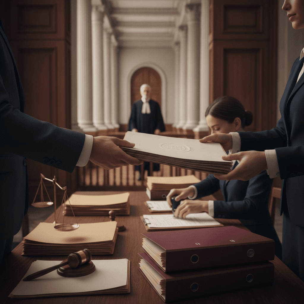 Mãos trocando um processo em corredor do tribunal com serventuário carimbando documentos e juiz ao fundo, mostrando os bastidores entre petição e sentença.