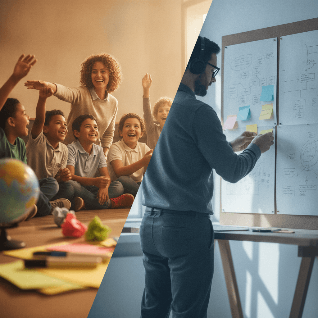 Cena dividida: à esquerda professora ativa em sala com alunos; à direita profissional organizando planos e post‑its por trás da educação.