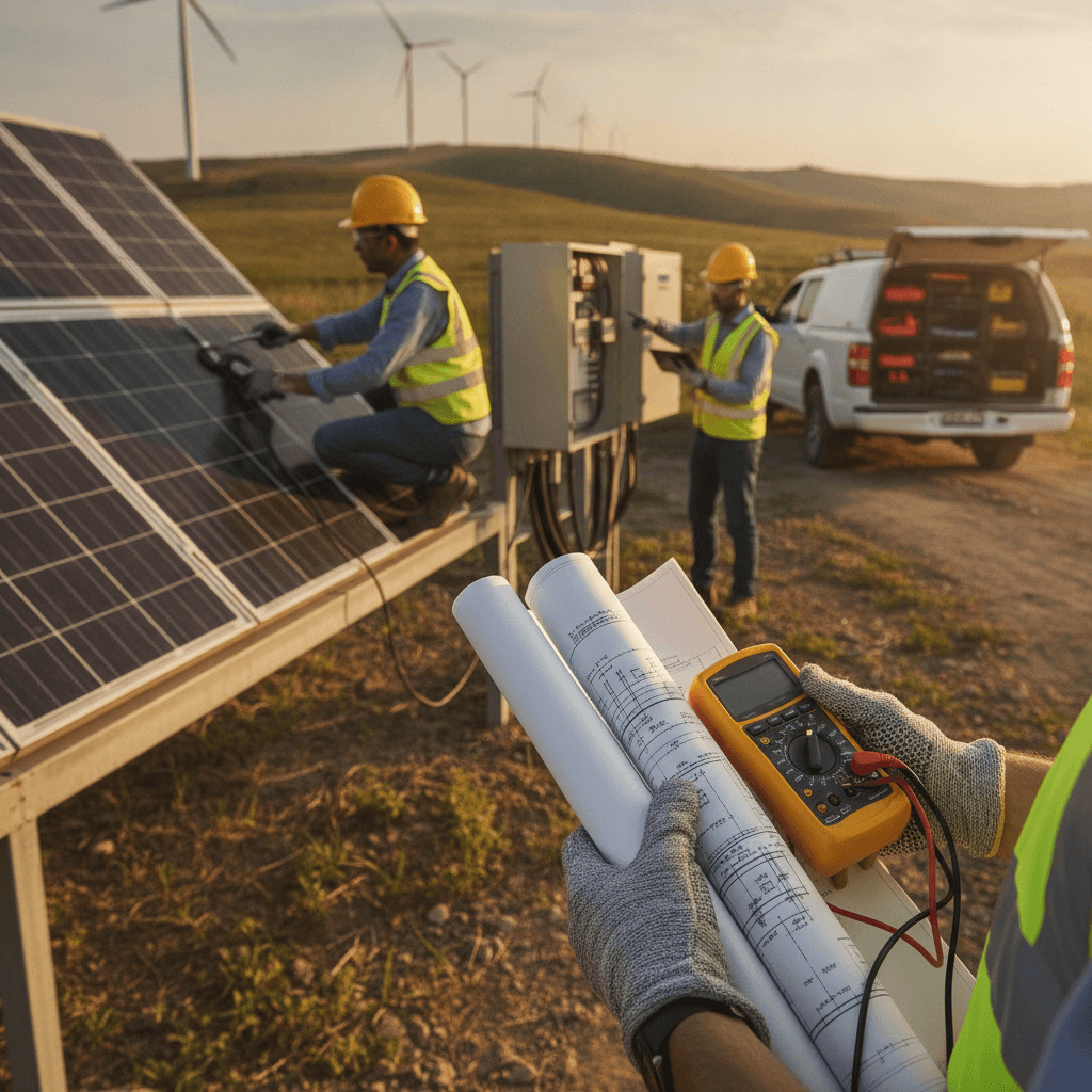 Engenheiros em campo inspecionando painéis solares com turbinas eólicas ao fundo, mãos segurando plantas técnicas.