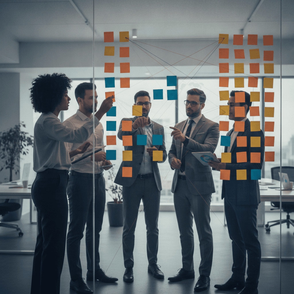 Equipe diversa colaborando em pé diante de um quadro kanban de vidro, com post-its e mãos trocando ideias para gestão lateral.