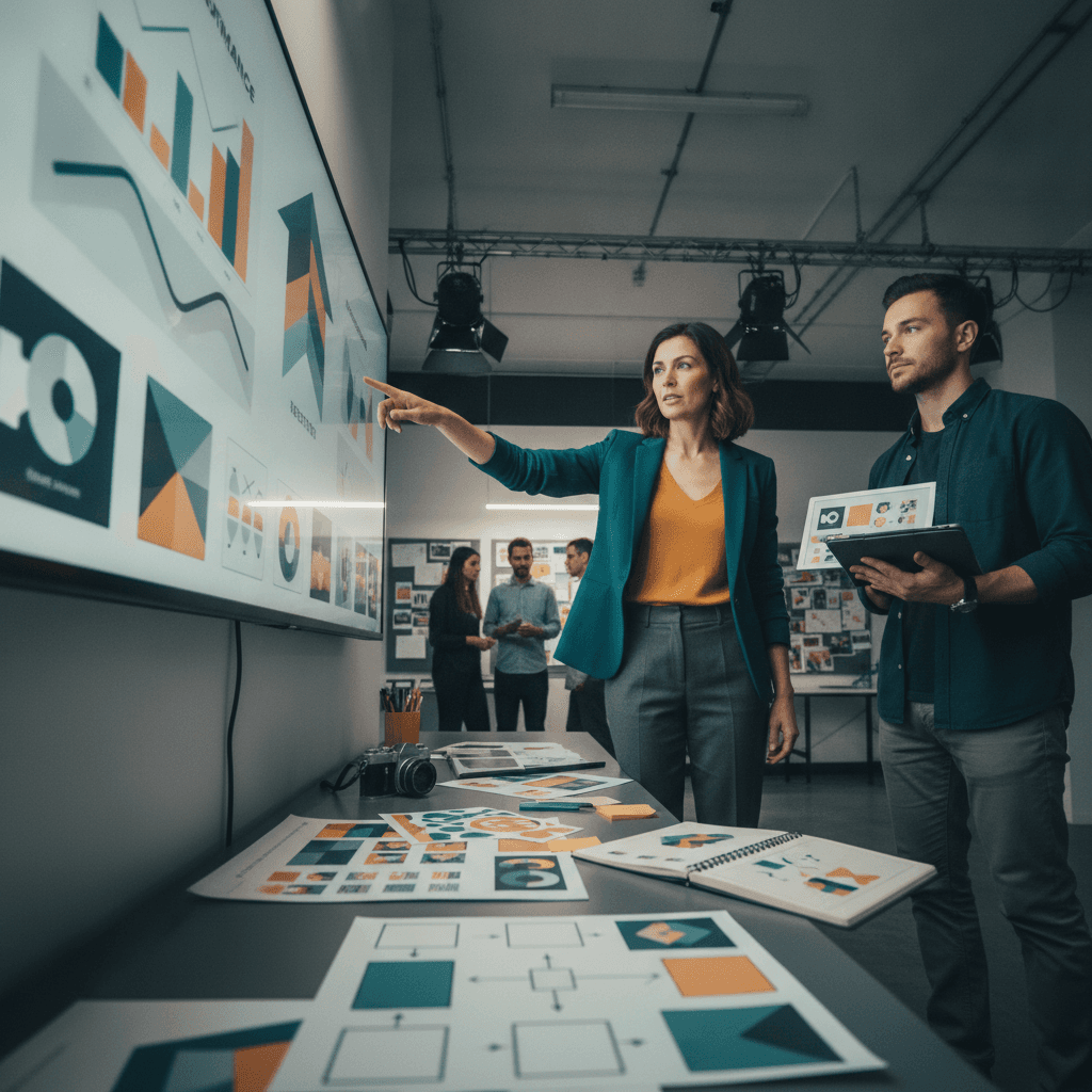 Profissional de marketing apresenta em escritório moderno um dashboard visual e mockups de marca pessoal, destacando resultados sem texto.