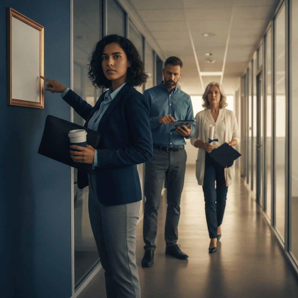 Três profissionais em diferentes fases da carreira num ambiente de trabalho moderno, simbolizando a decisão sobre pós-graduação.