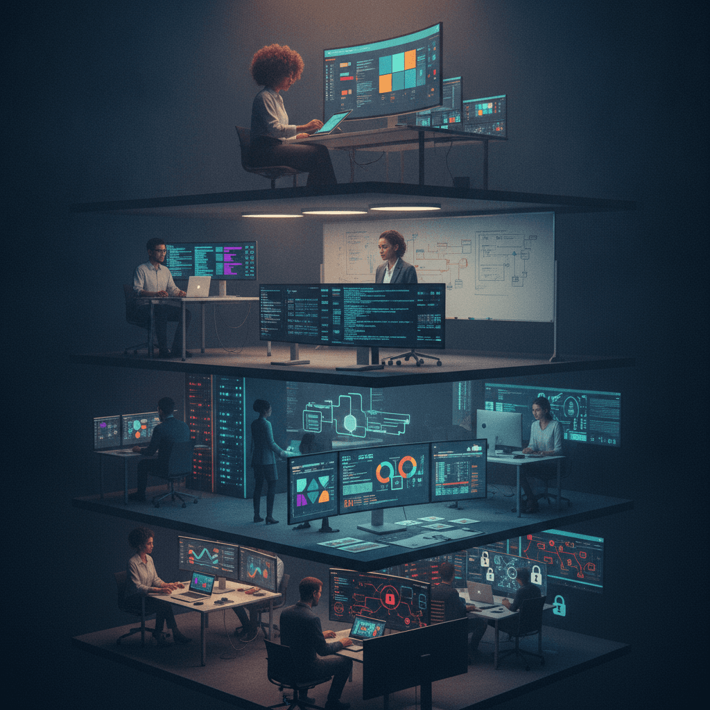 Escritório tecnológico em camadas mostrando profissionais de front-end, back-end, DevOps, dados e segurança trabalhando em cada andar.