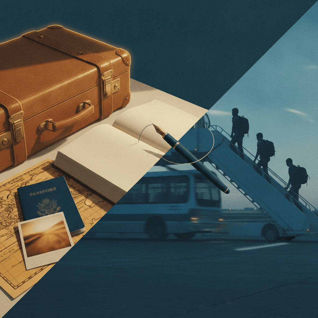 Imagem editorial dividida: objetos de viagem (mala, passaporte, mapa) à esquerda e pessoas embarcando em avião à direita, com livro aberto e caneta ligando as cenas.