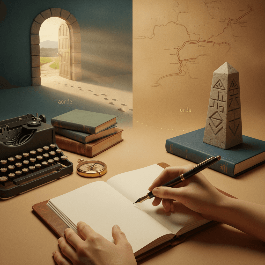 Mãos com caneta sobre caderno, livros de Português, bússola, pegadas e marcador de localização ilustrando movimento (aonde) versus lugar (onde).