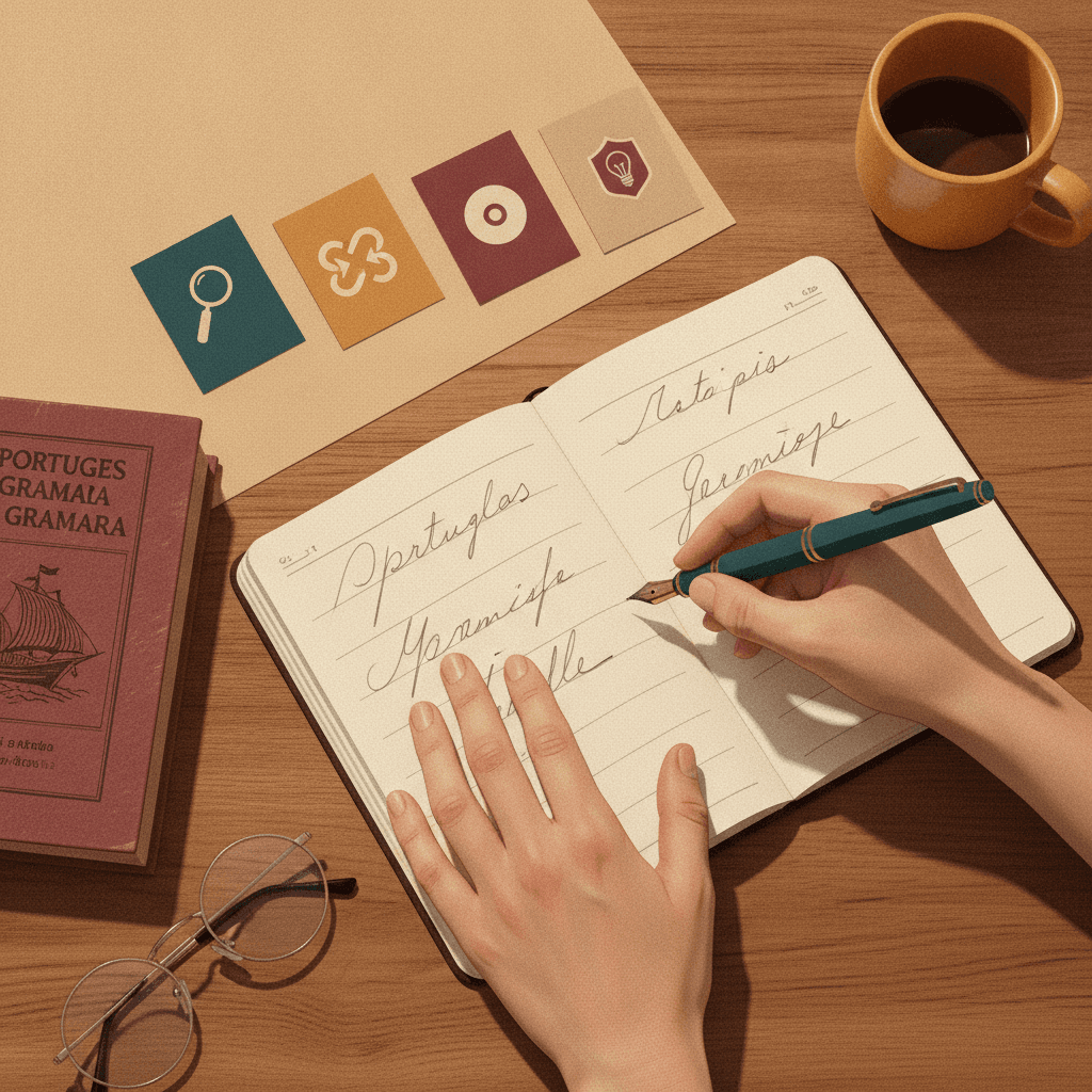Mãos escrevendo em caderno com quatro cartões coloridos simbolizando por que, porque, por quê e porquê.