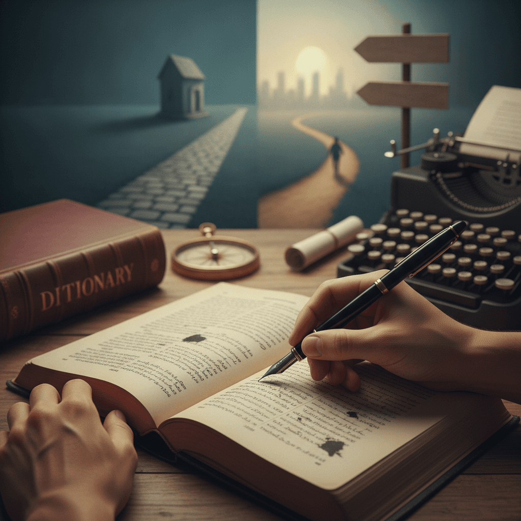 Livro de gramática aberto com mãos sublinhando verbos e caminhos ao fundo simbolizando lugar e movimento.