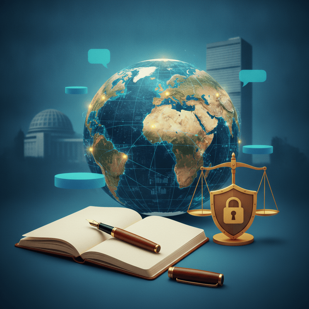 Ilustração editorial: globo com rede digital, balança da justiça e caderno aberto com caneta, simbolizando governança da internet e regulação de plataformas como repertório para ENEM.