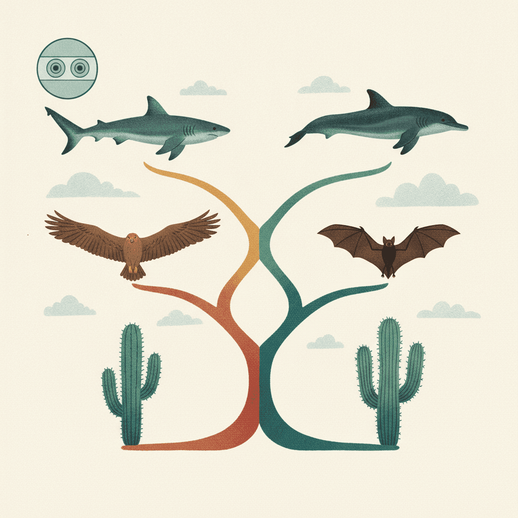 Ilustração editorial de evolução convergente: tronco filogenético com espécies distantes (tubarão e golfinho, pássaro e morcego, cacto e euphorbia) mostrando formas semelhantes, com detalhe de lâmina ao microscópio; cores sóbrias e iluminação cinematográfica.