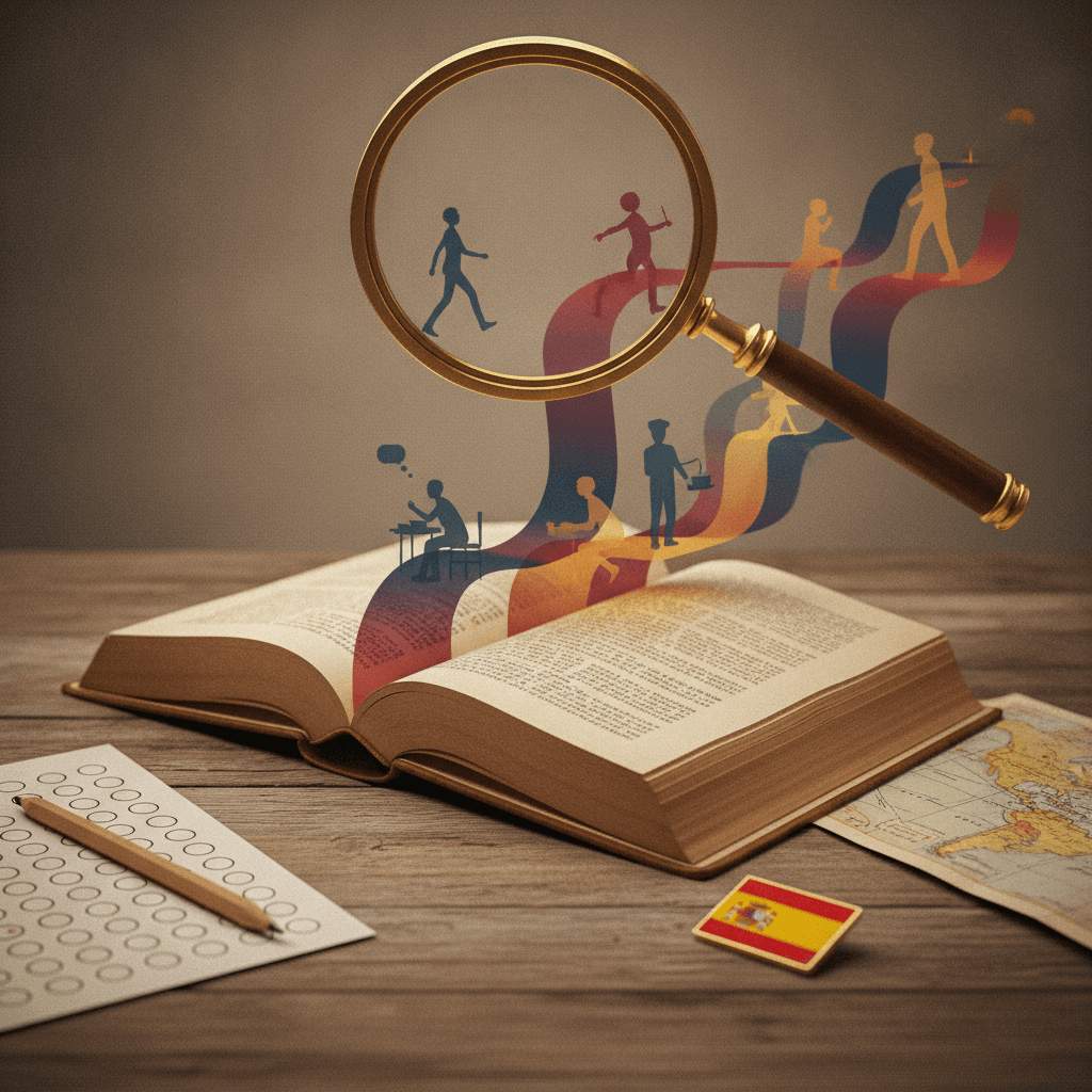 Ilustração editorial: livro de espanhol cujas páginas viram uma fita com silhouettes em movimento, lupa, mapa e folha de prova sem texto.