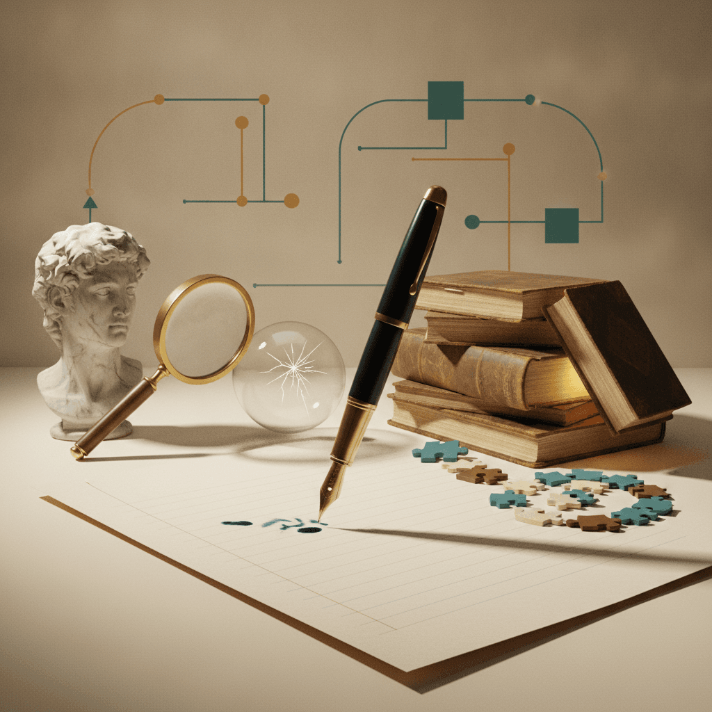 Ilustração editorial com caneta sobre papel, busto e lupa simbolizando Popper (falsificabilidade) e pilha de livros com um volume deslocado simbolizando Kuhn (mudança de paradigma).