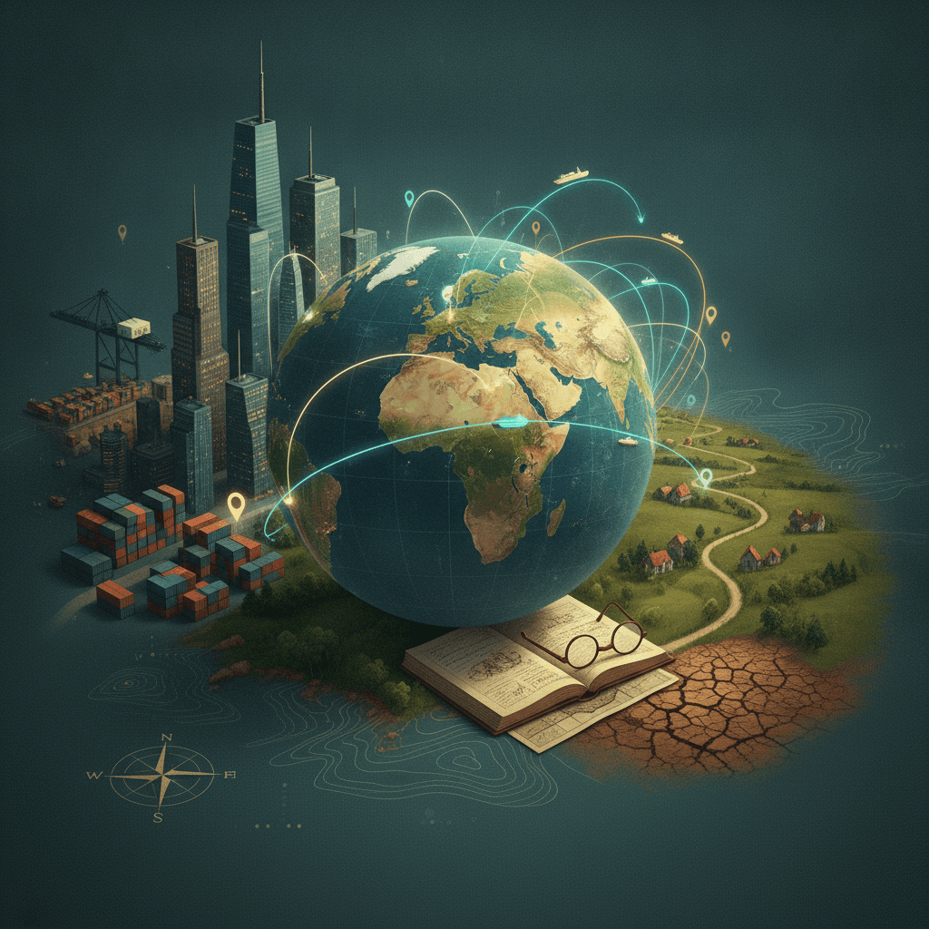Ilustração editorial de um globo com redes e fluxos ligando cidades, contraste entre metrópole e áreas rurais, e um livro com óculos representando Milton Santos.