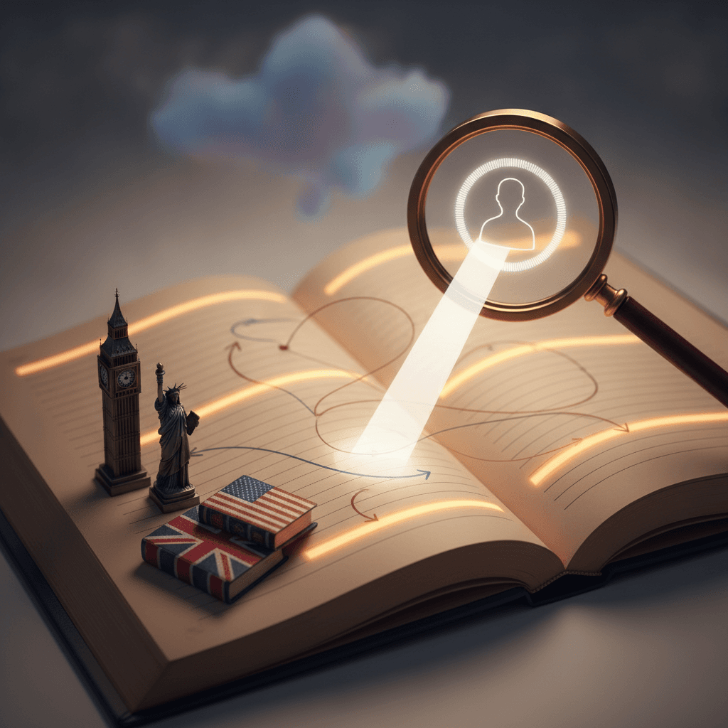 Ilustração editorial de um livro aberto com lupa e miniaturas de Big Ben e Estátua da Liberdade, simbolizando identificação de referências em textos em inglês.