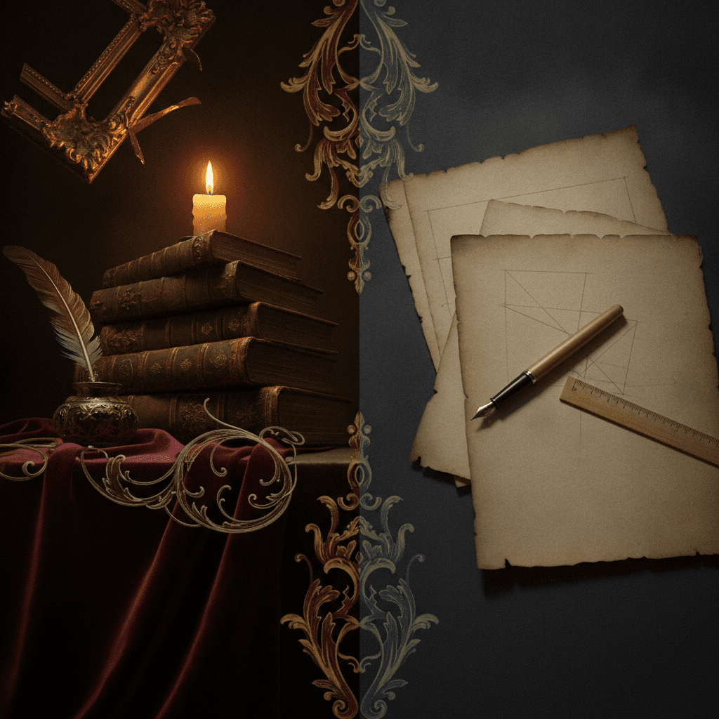 Ilustração editorial dividida mostrando contraste barroco: lado opulento com ornamentos dourados, pena e livros; lado sóbrio com pergaminho e instrumentos de estudo, simbolizando dualidade.