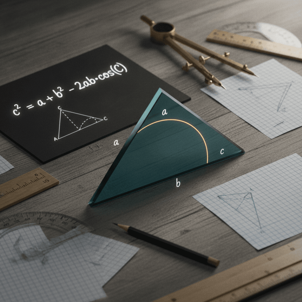 Ilustração editorial de um triângulo oblíquo com instrumentos de geometria e a fórmula da Lei dos Cossenos em quadro.