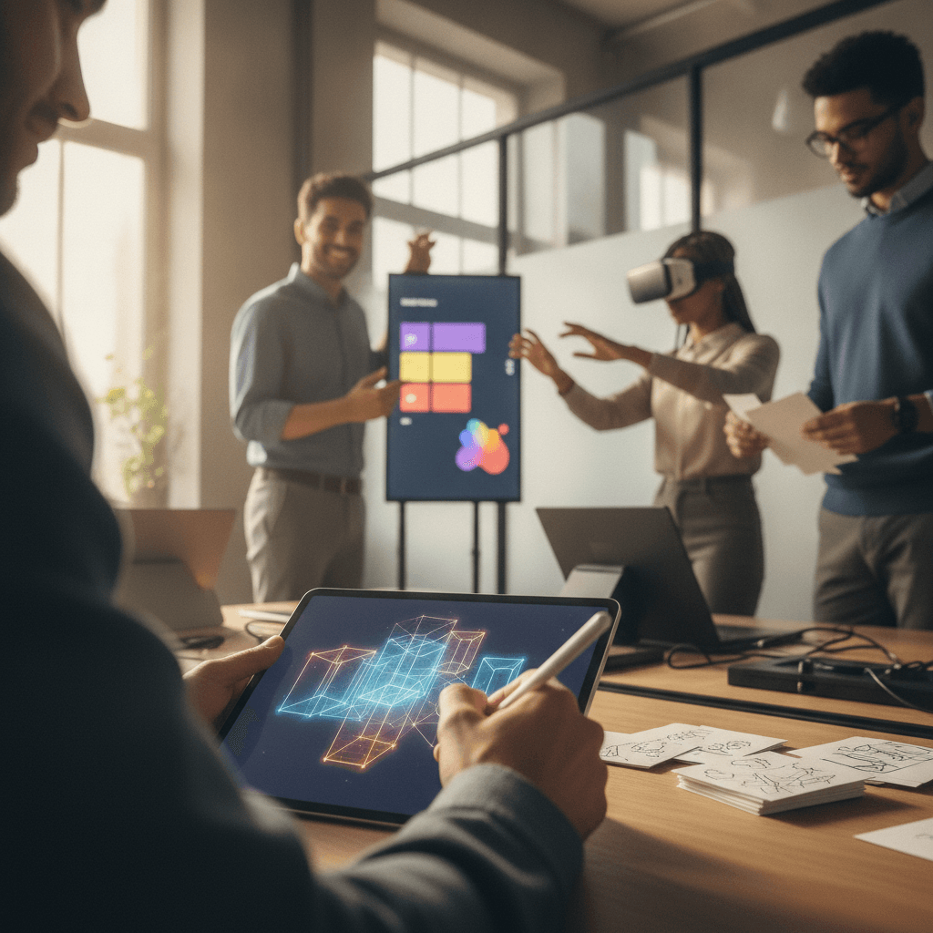 Oficina prática de curso digital: pessoas testando tablet, tela touchscreen e VR em ambiente profissional.