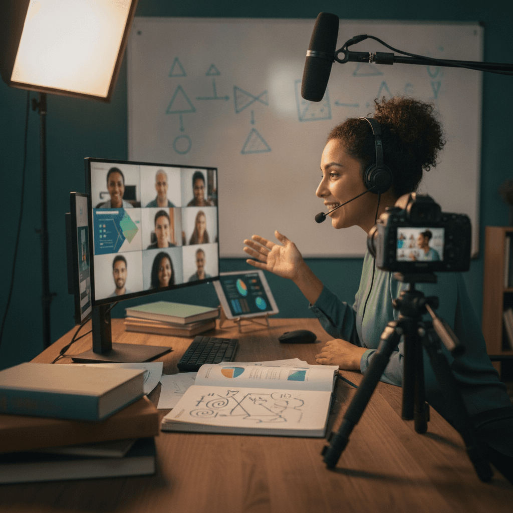 Tutor EAD em estúdio doméstico com headset orientando alunos adultos por videoconferência, materiais pedagógicos ao fundo.