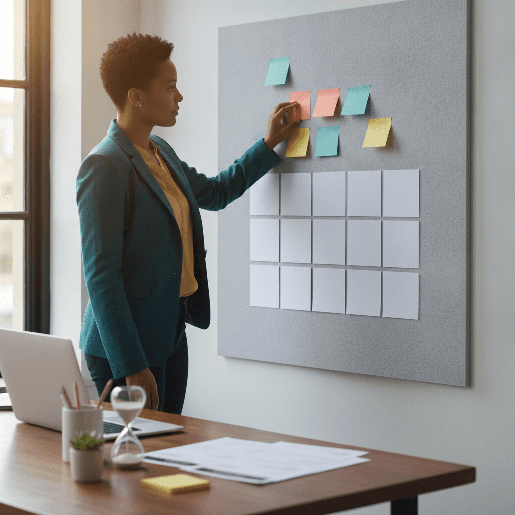 Profissional organizando quadro com notas adesivas e calendário em branco, simbolizando planejamento calmo de busca de emprego.